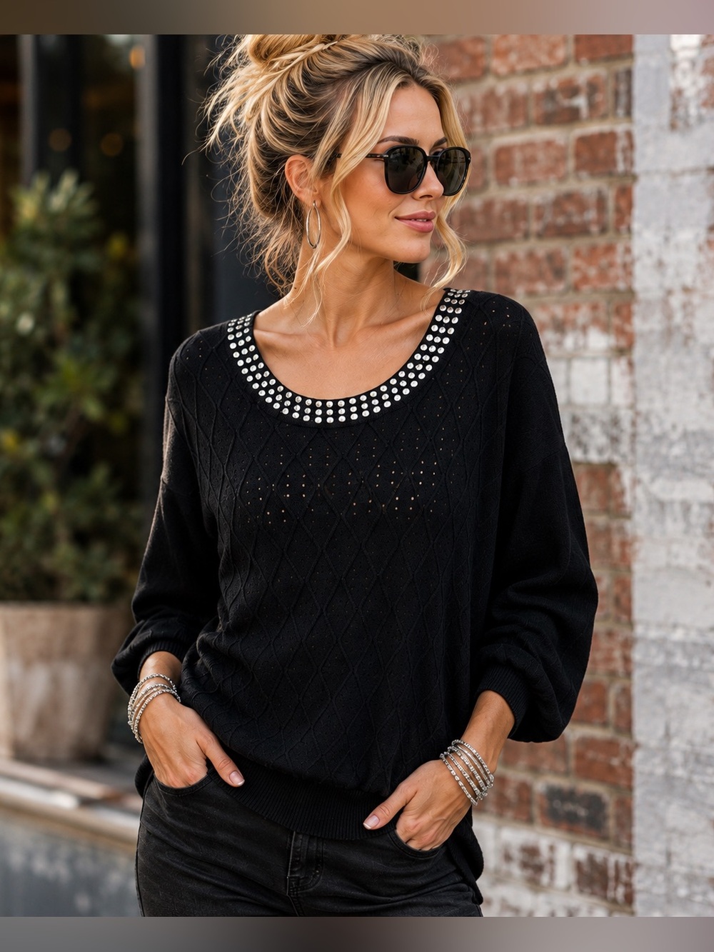Cathy Daniels Black Silver Studded Cable Knit Sweater Size L
